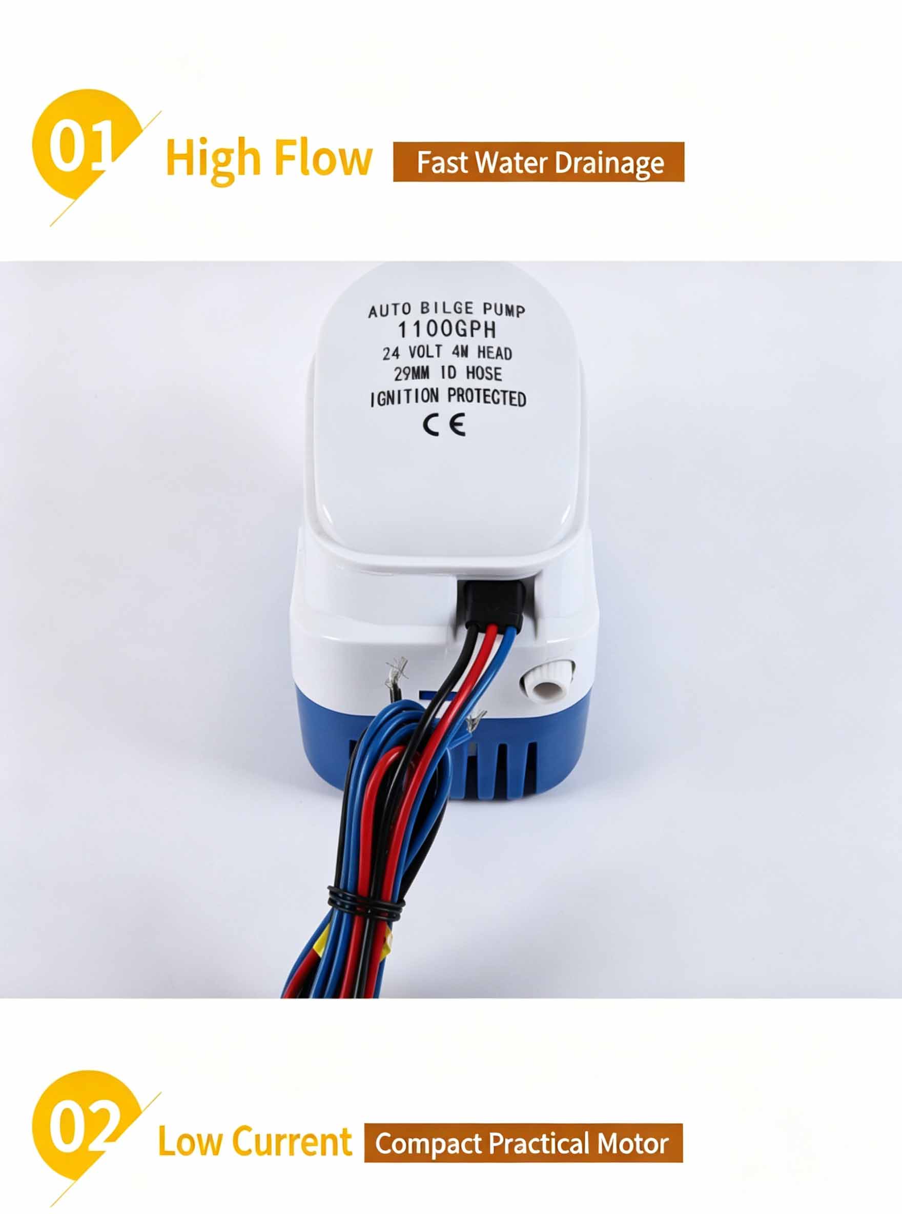 Bilge Water Pump 12V 5A 1100GPH Submersible Water Pump Bilge Pump Submersible Boat Water Pump for lrrigation, Gardening,  Swimming Pool, Ponds, Tanks, Pools, Spas Silent, Boat, Caravan, RV Submersible Boat